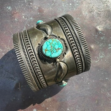 Navajo Made Sterling Silver Turquoise Wonder Woman Cuff Bracelet, Signed Albert Jake