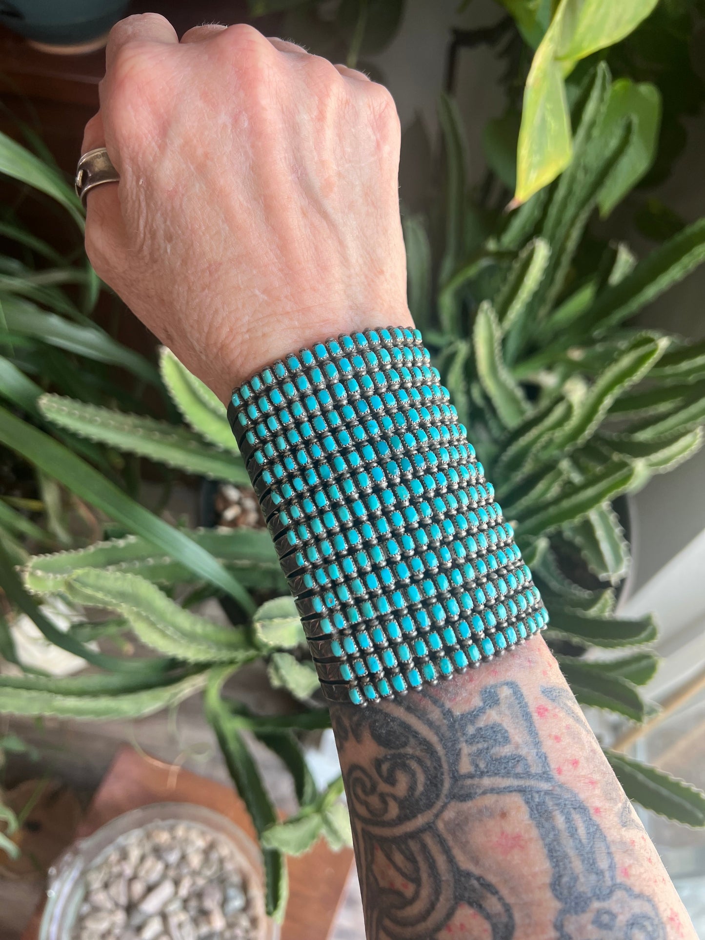 Stunning Old Pawn 15 Row Zuni Sterling Silver & Turquoise Gauntlet Style Cuff Bracelet by Clark Couyancy