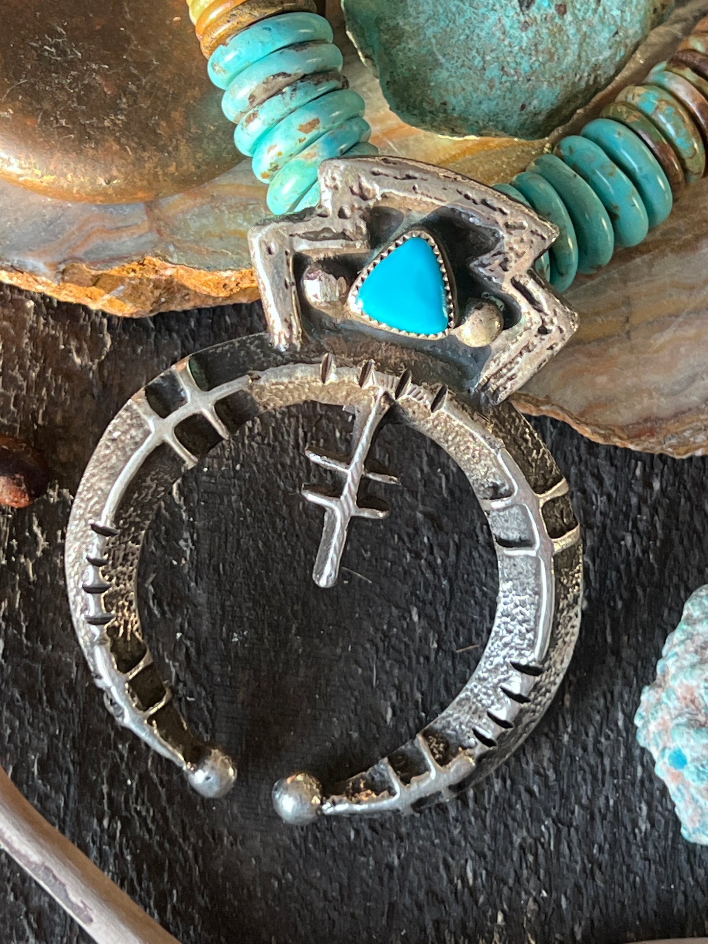 Delbert Arviso Tufa Cast Sterling Silver and Turquoise Naja w/ Beaded Necklace
