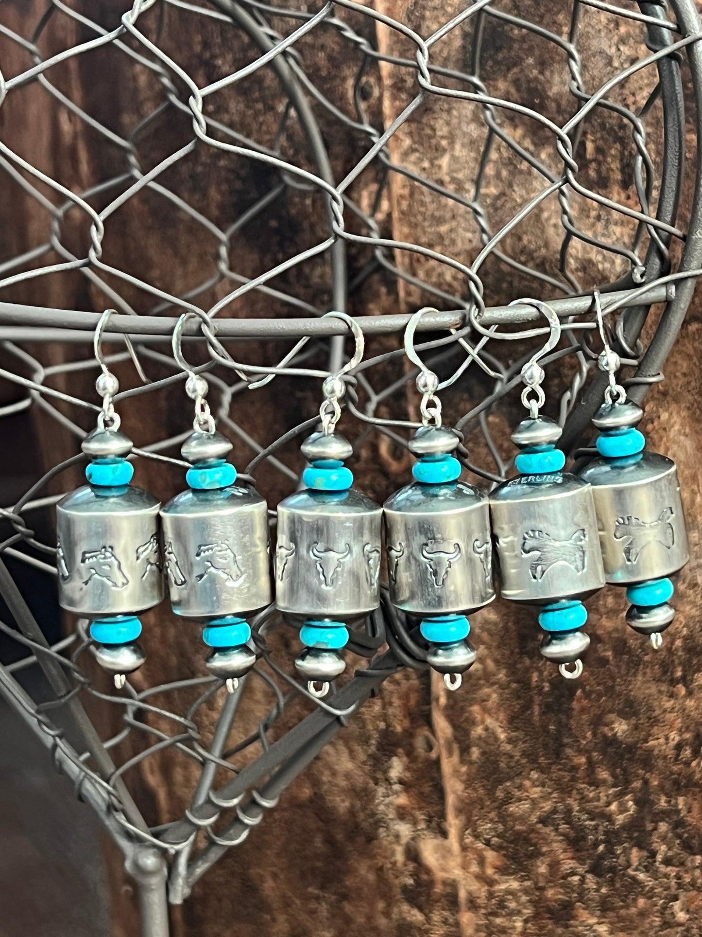 Navajo Sterling Silver and Turquoise Handmade Barrel Bead Earrings by Preston Haley