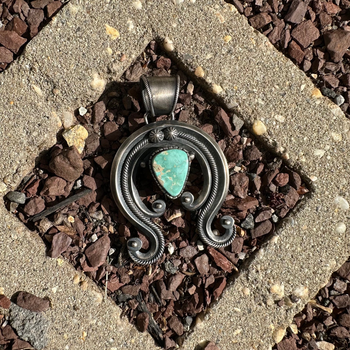 Navajo Made Sterling Silver and Turquoise Naja Pendant by Danny Clark