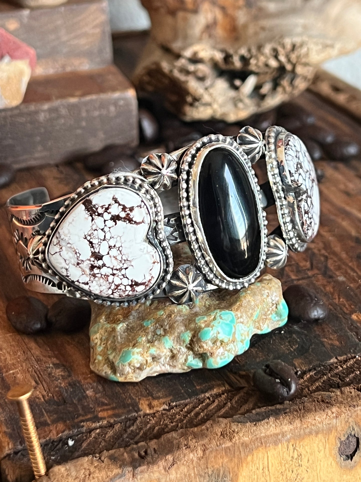 Rosella Paxson Sterling Silver Cuff Bracelet with Wild Horse Magnesite Hearts and Oval Onyx