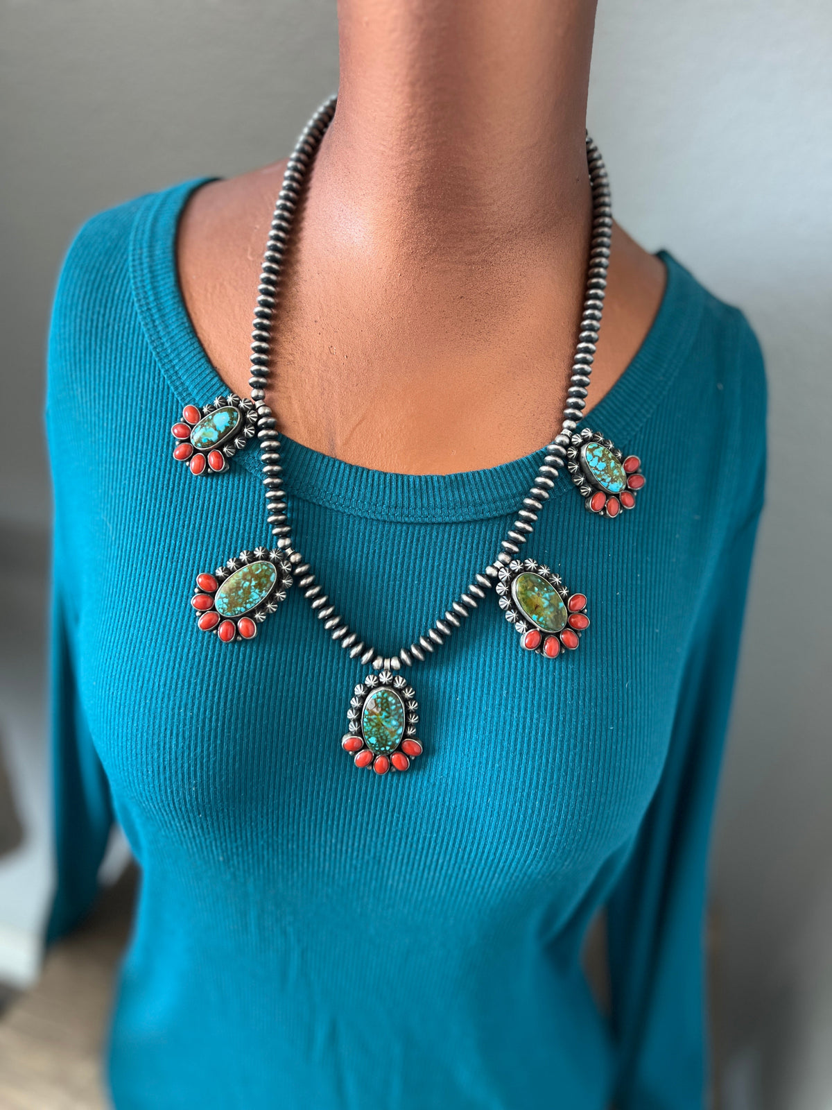 Taos Collection: Handcrafted Sterling Silver, Kingman Turquoise & Mediterranean Red Coral Beaded Necklace