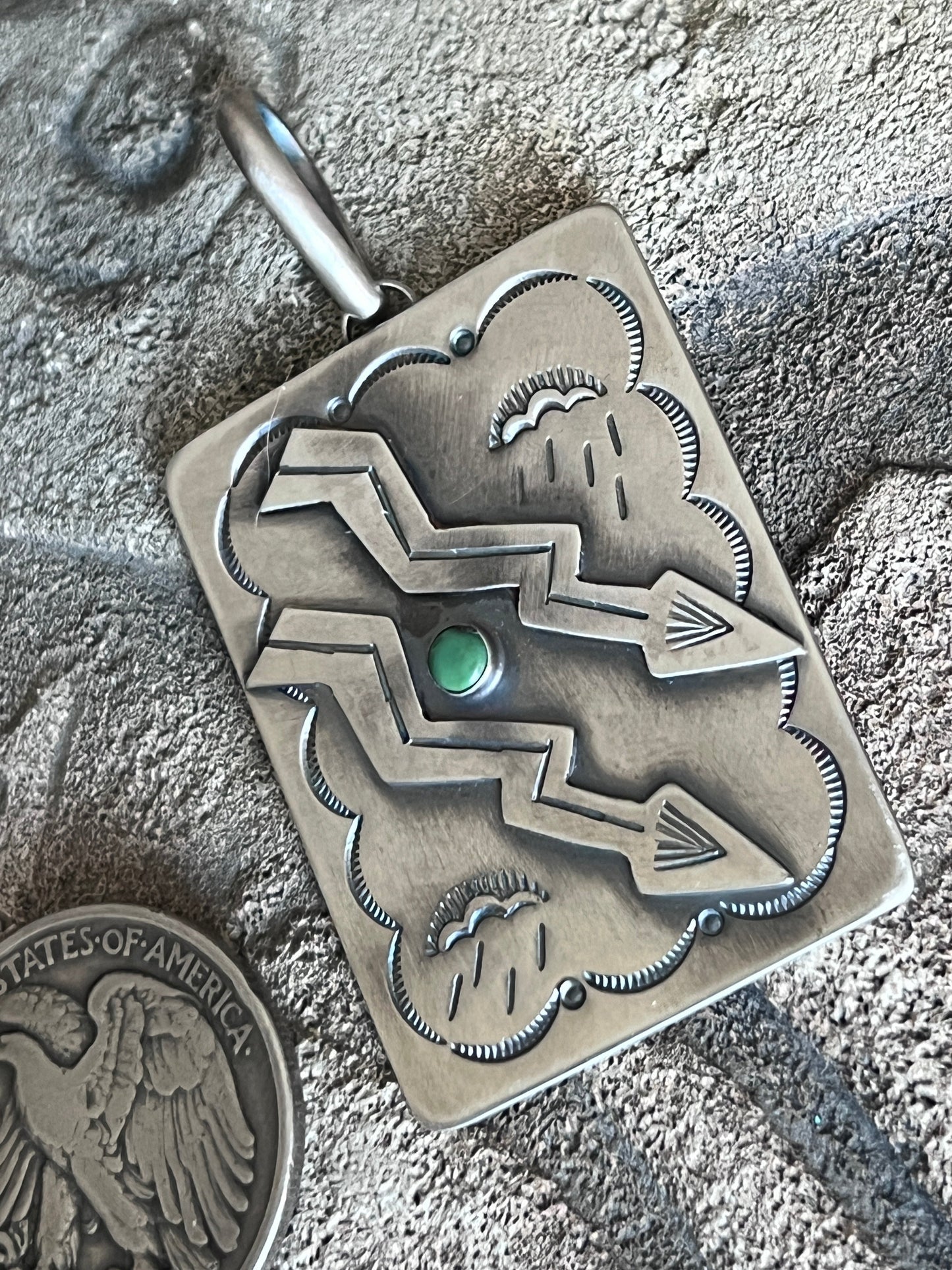 Hand Stamped Sterling Silver Fred Harvey Era Inspired Double Lightning Strike Tag Pendant by Kimari Somers