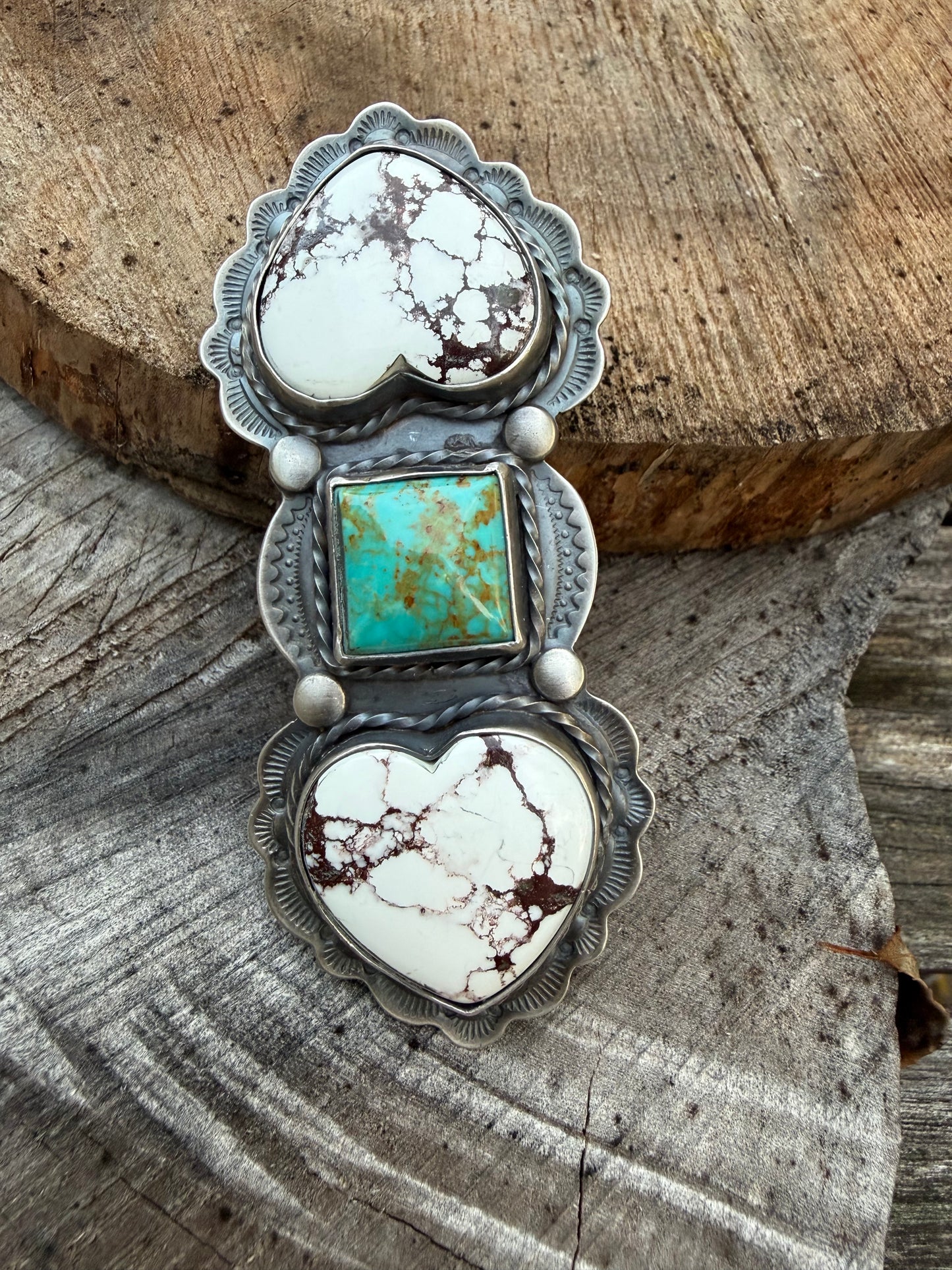 Rosella Paxson Triple Stone Sterling Silver Ring with Wild Horse Magnesite Hearts and Square Turquoise, Sz 9