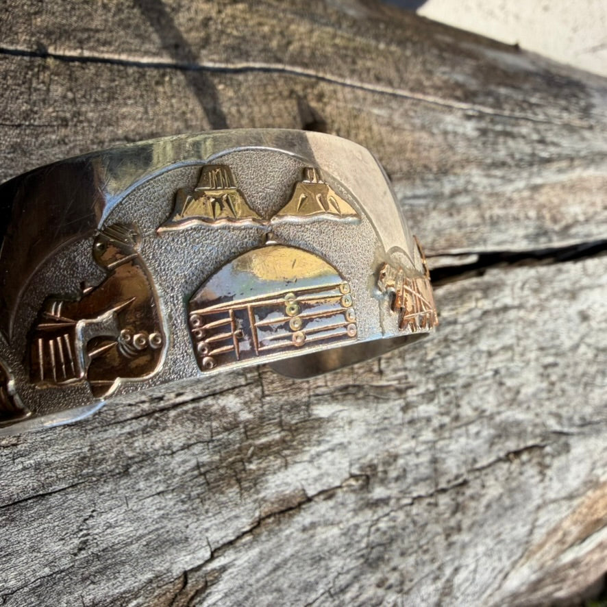 Apache Richard Reeve Sterling Silver with Gold Overlay Storyteller Cuff Bracelet