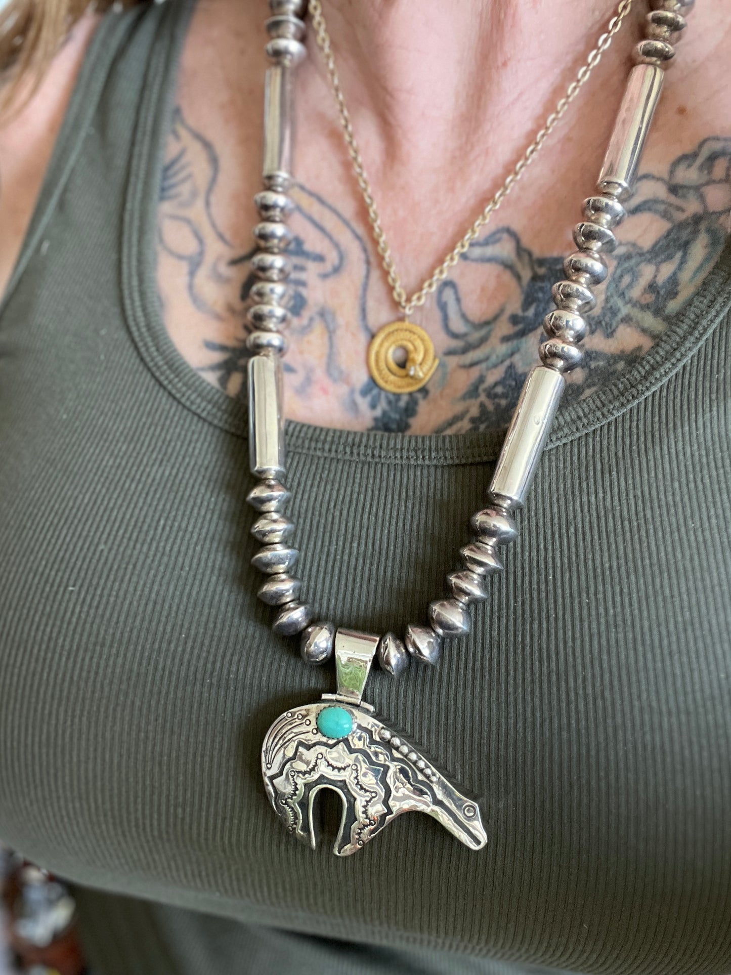 Handcrafted Sterling Silver Beaded Necklace with Bear Pendant, Signed Allan B.