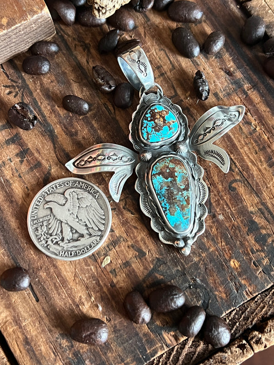 Kimari Somers Hand Stamped Sterling Silver and Turquoise Winged Bug Pendant