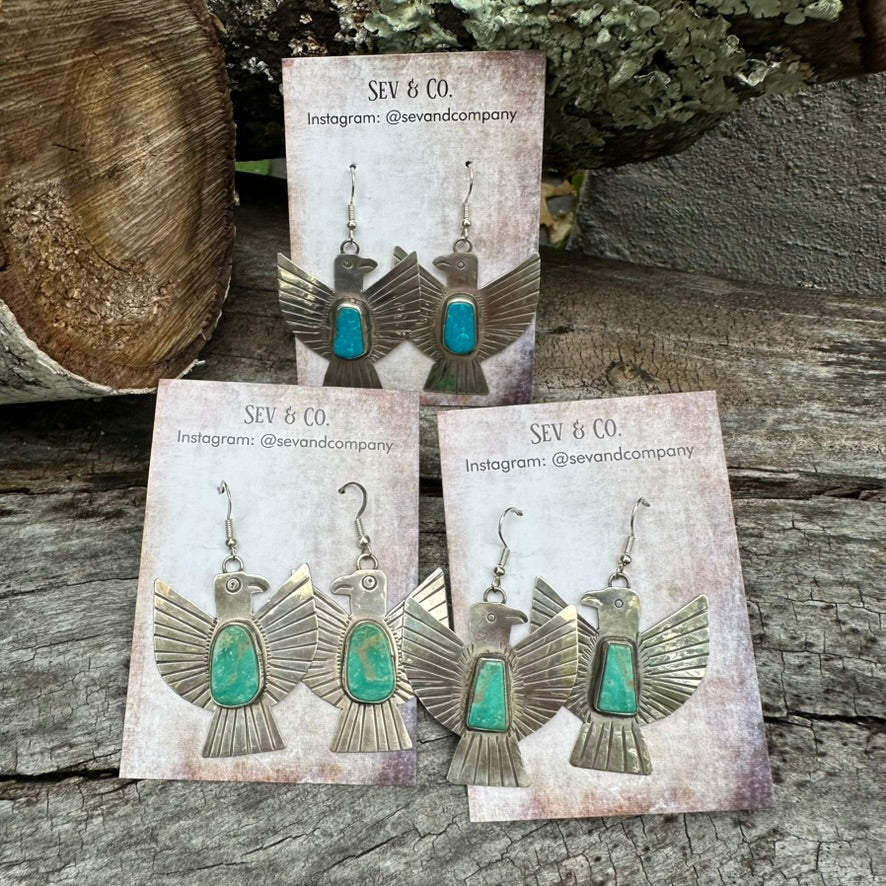 Native Made Sterling Silver and Turquoise Thunderbird Earrings by Vernon Begay