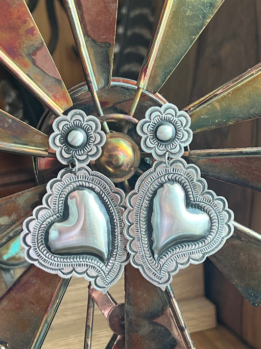 Handmade Navajo Sterling Silver Stamped Repousse Heart Earrings by Leander Tahe, AH1