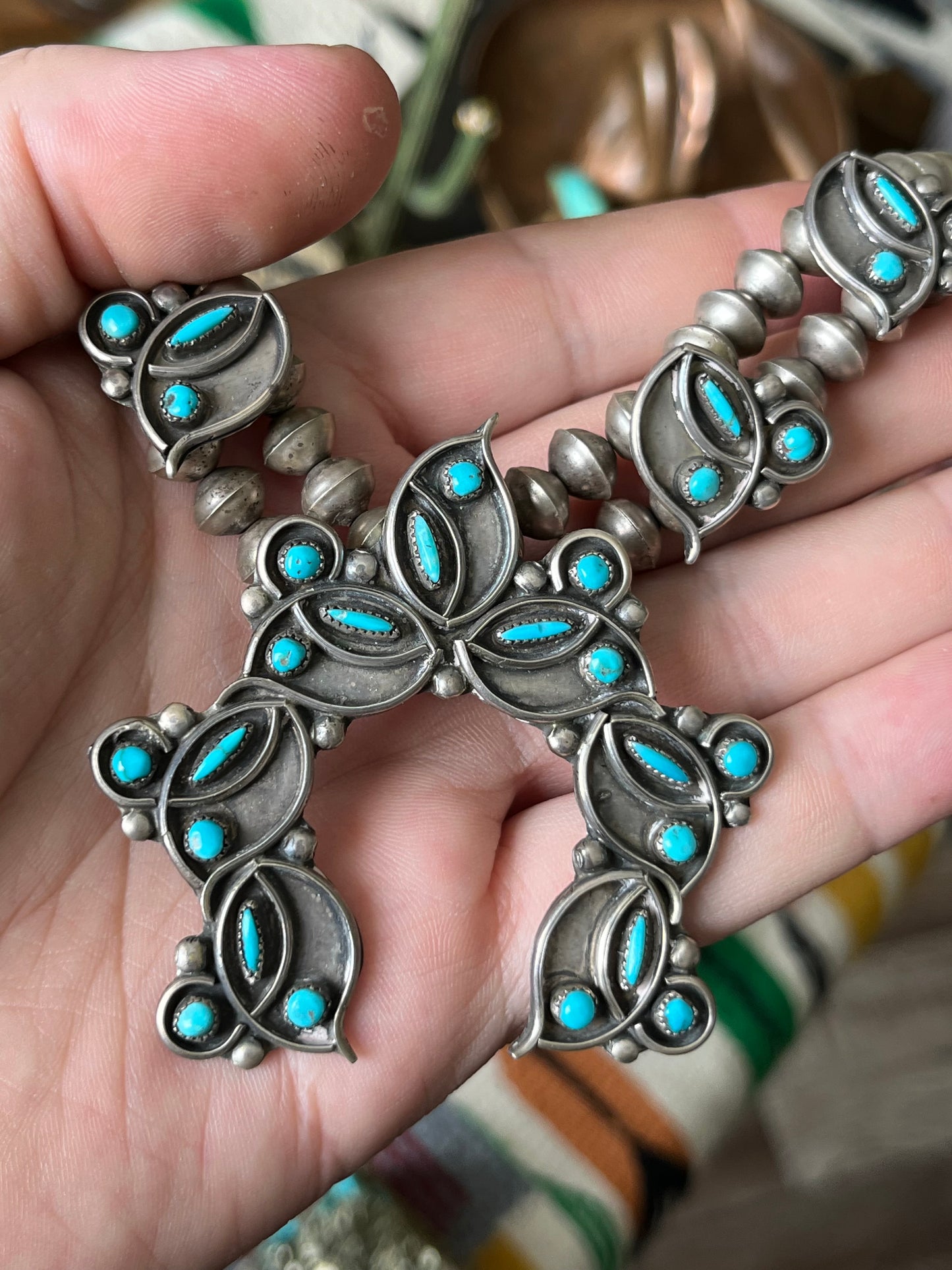 Vintage Unsigned Sterling Silver and Turquoise Squash Blossom, Zuni Style