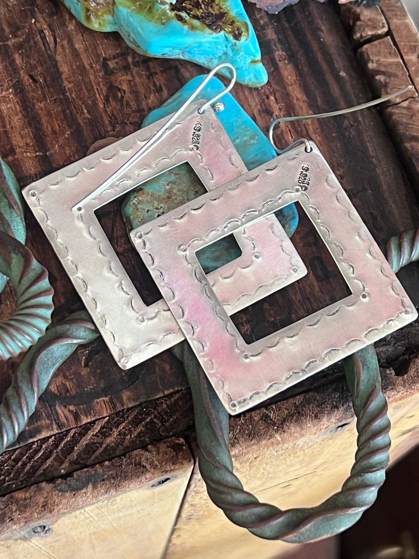 Kimari Somers Handcrafted Square Sterling Silver, Turquoise and Spiny Oyster Shell Earrings