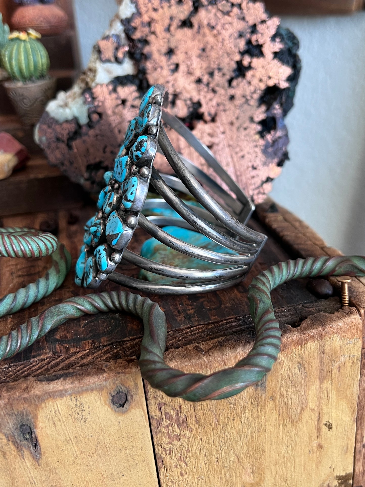 Vintage Sterling Silver and Kingman Nugget Turquoise Cluster Cuff Bracelet