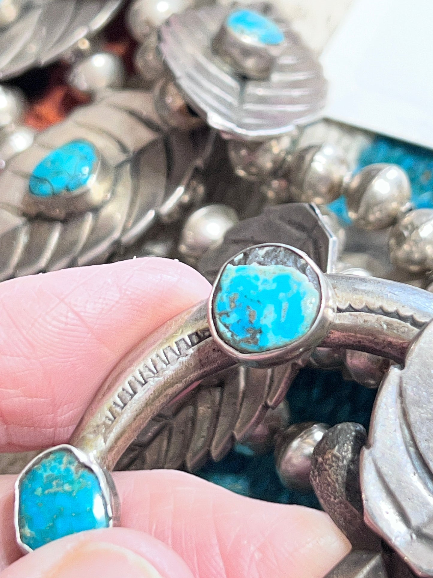 Vintage Unsigned Sterling Silver and Turquoise Squash Blossom with Leaf Motif