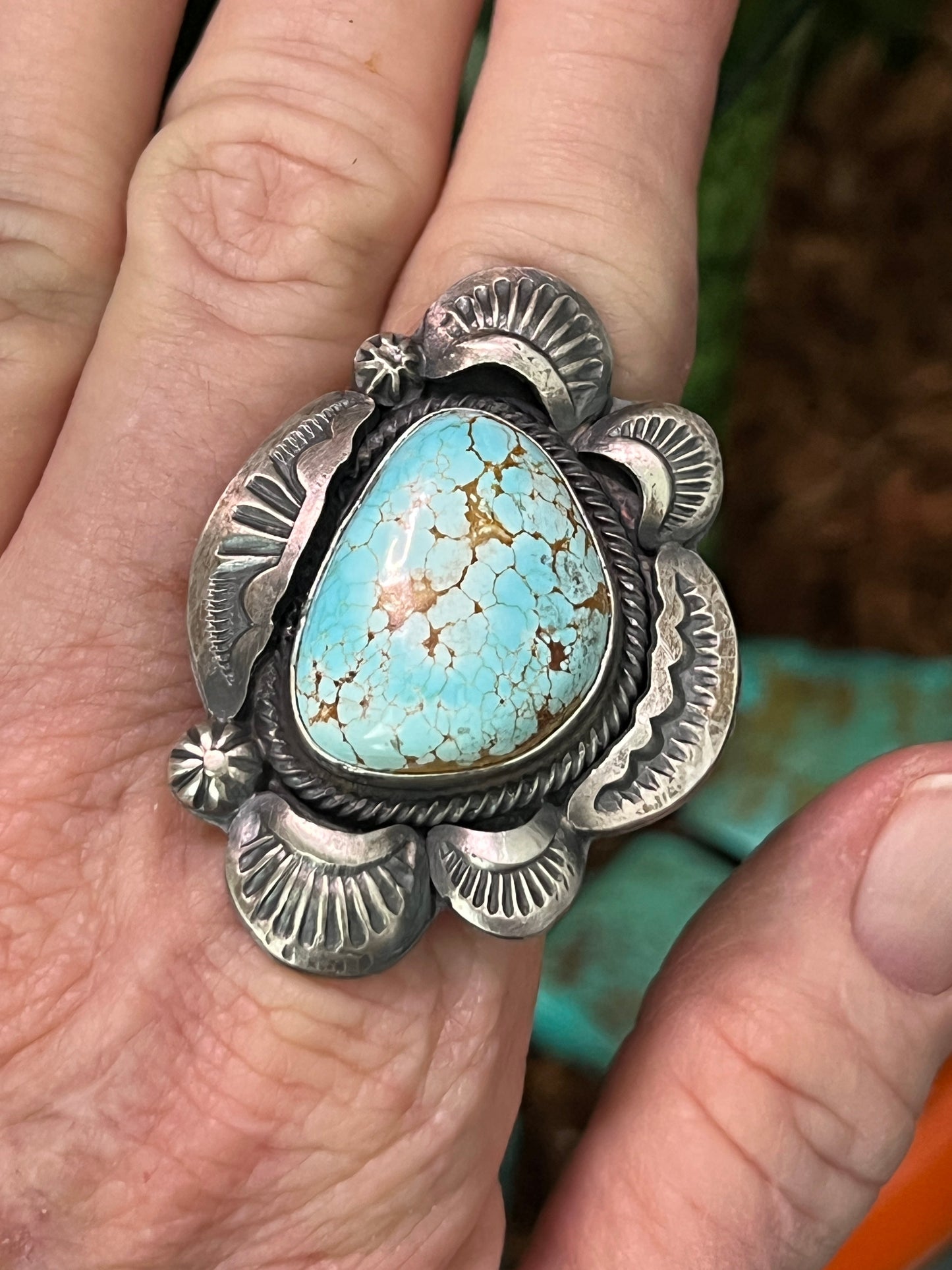 Sterling Silver and Number 8 Turquoise Ring by Navajo Artist, Gilbert Tom, Size 10.5