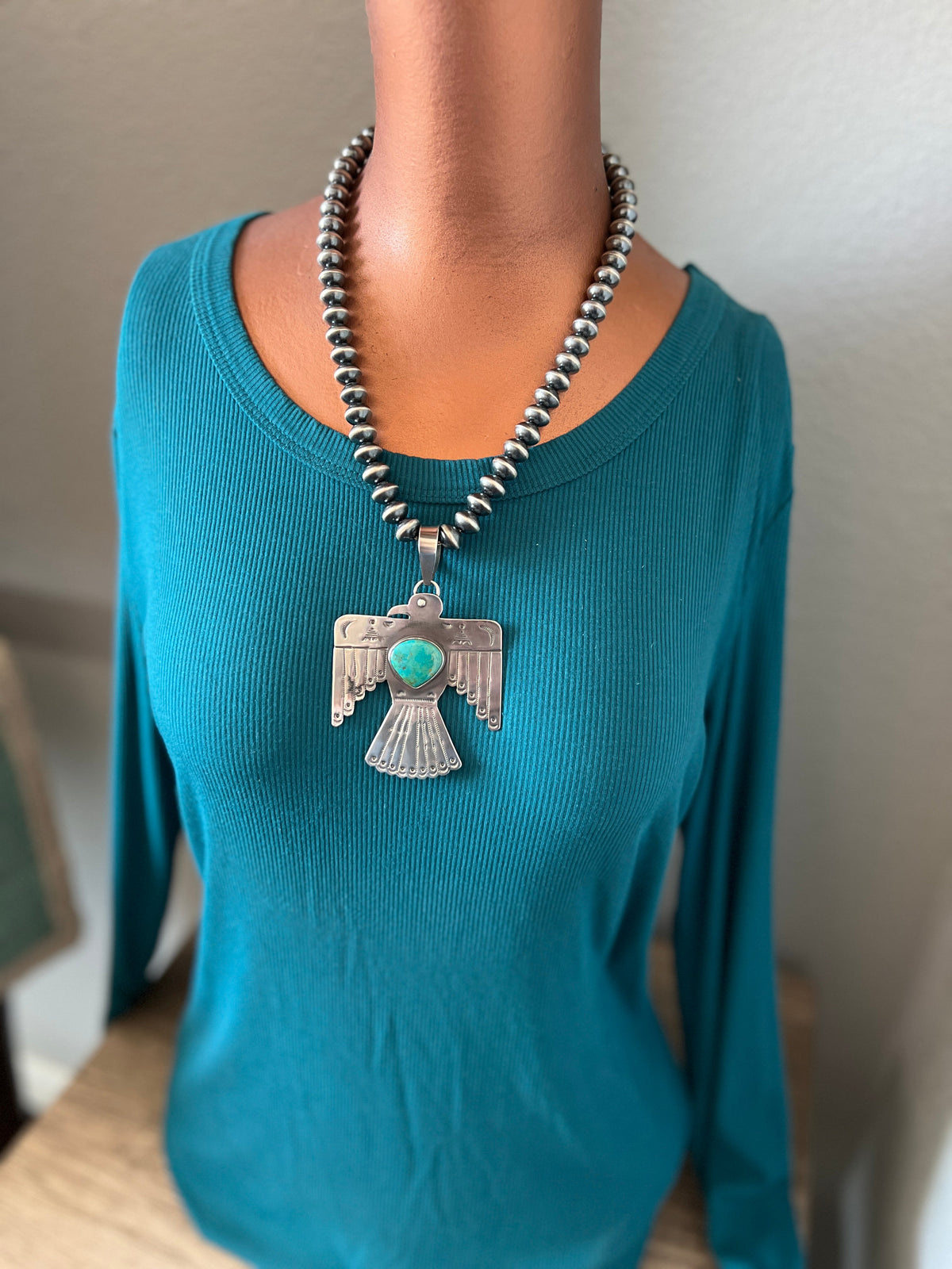 Kimari Somers Hand Stamped Sterling Silver & Kingman Turquoise Thunderbird Pendant 1