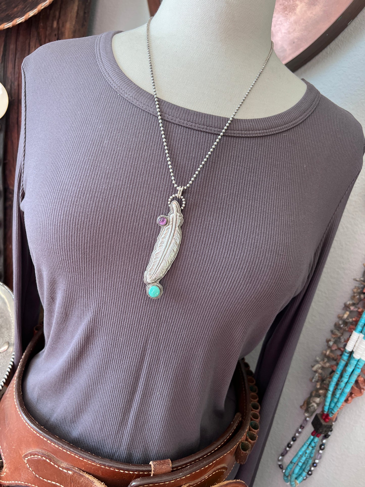 Tularosa Sterling Silver, Turquoise & Amethyst Feather Necklace