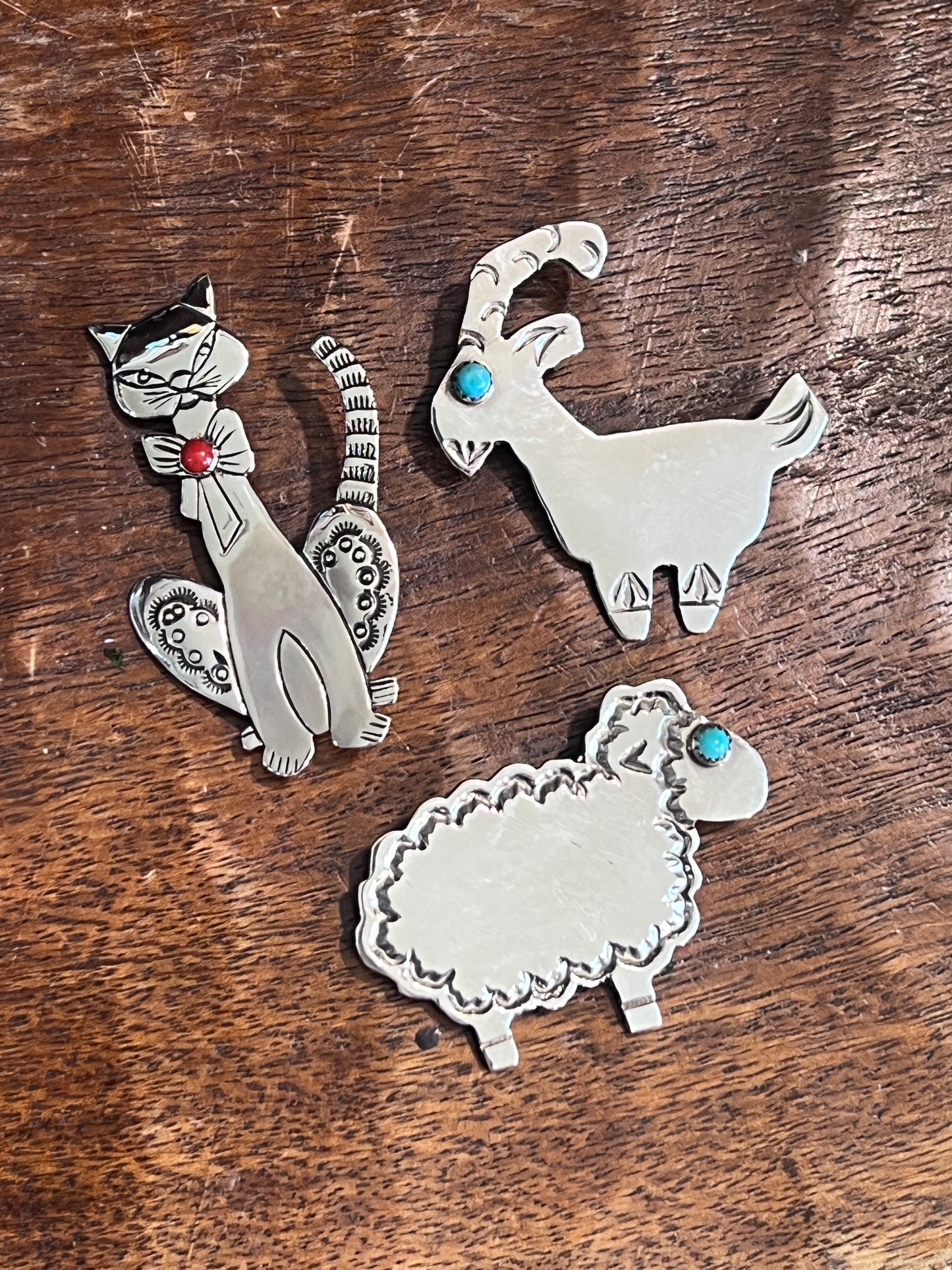 Native Crafted Sterling Silver Figural Animal Brooches: Cat, Sheep, Goat