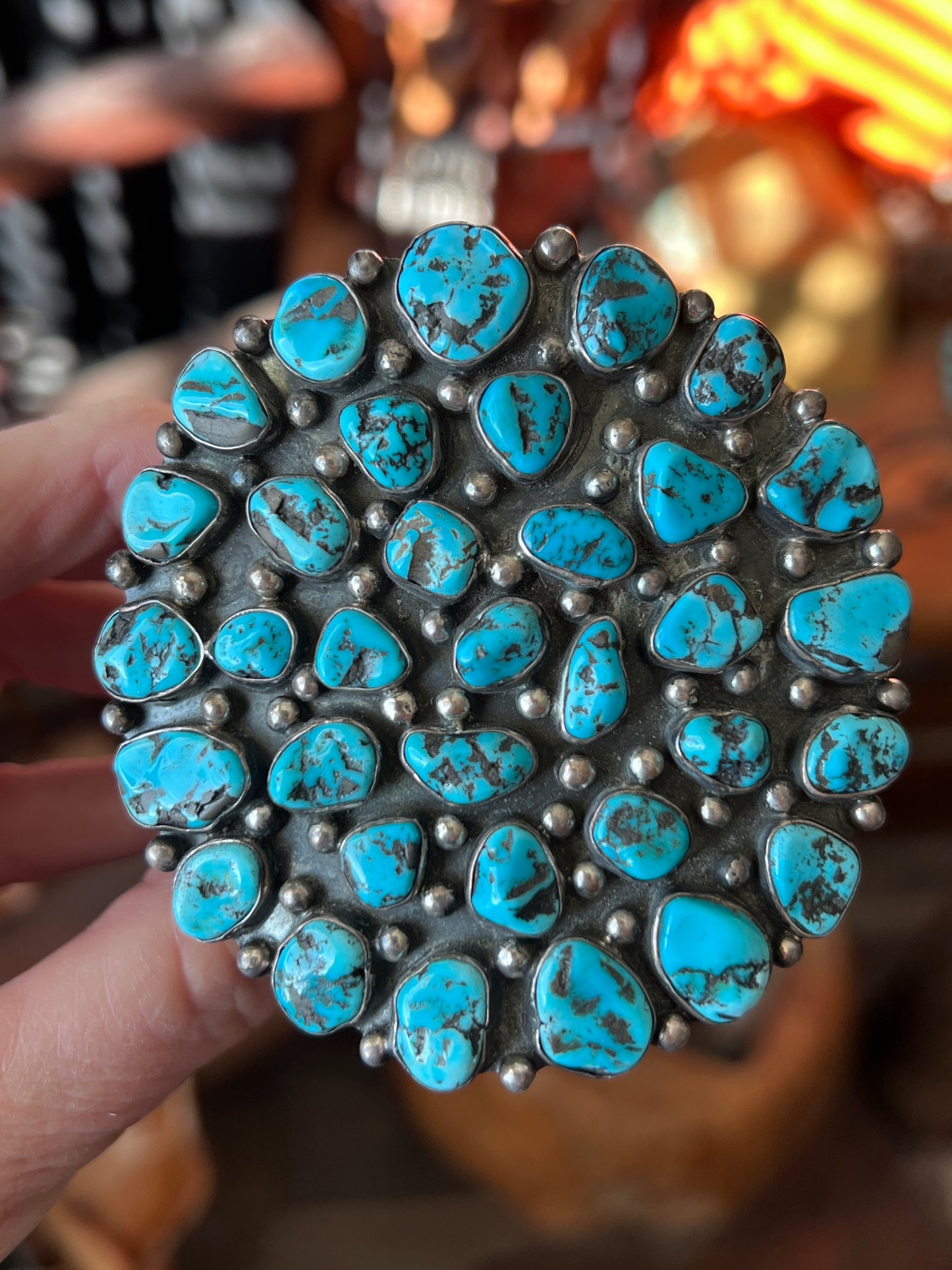 Vintage Sterling Silver and Kingman Nugget Turquoise Cluster Cuff Bracelet