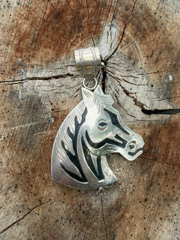 Navajo Made Sterling Silver Horse Head Pendant by Alonzo Mariano