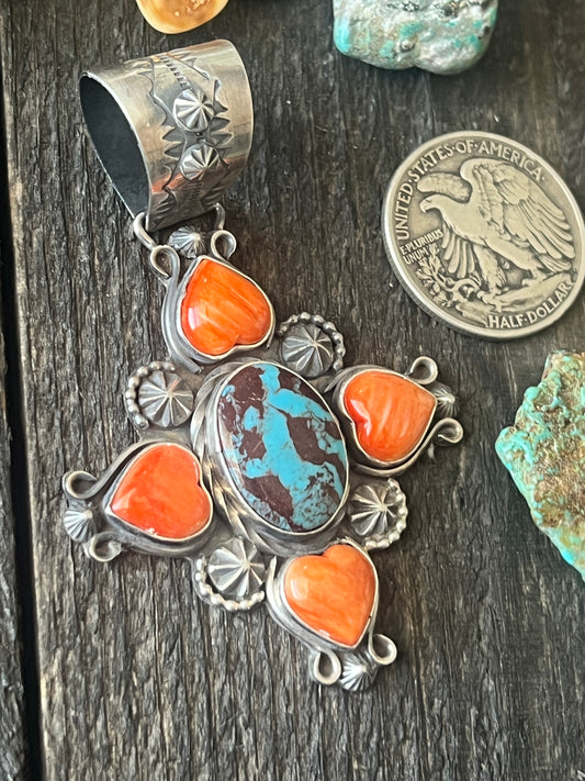 Rosella Paxson Sterling Silver, Spiny Oyster Shell and Egyptian Turquoise Cluster Pendant