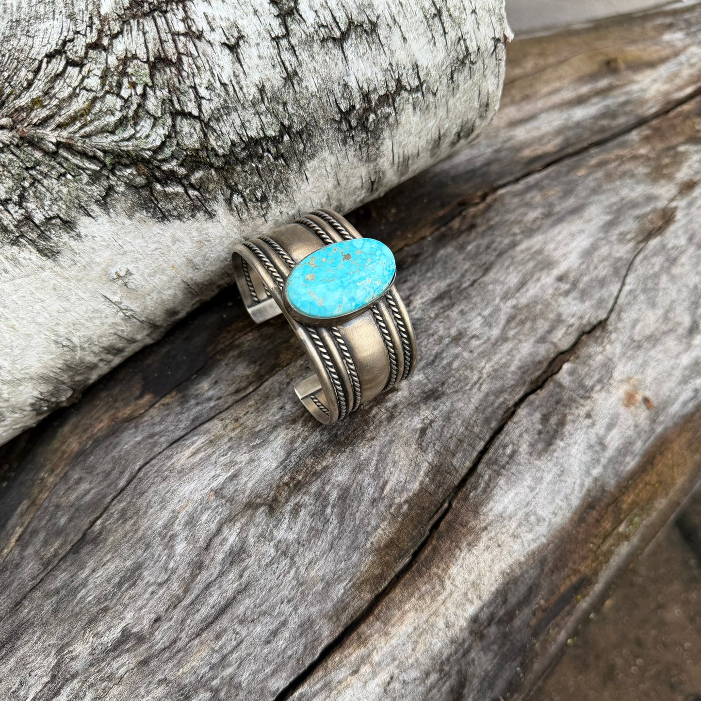 Navajo Made Sterling Silver and Turquoise Oval Cuff Bracelet Signed Tahe