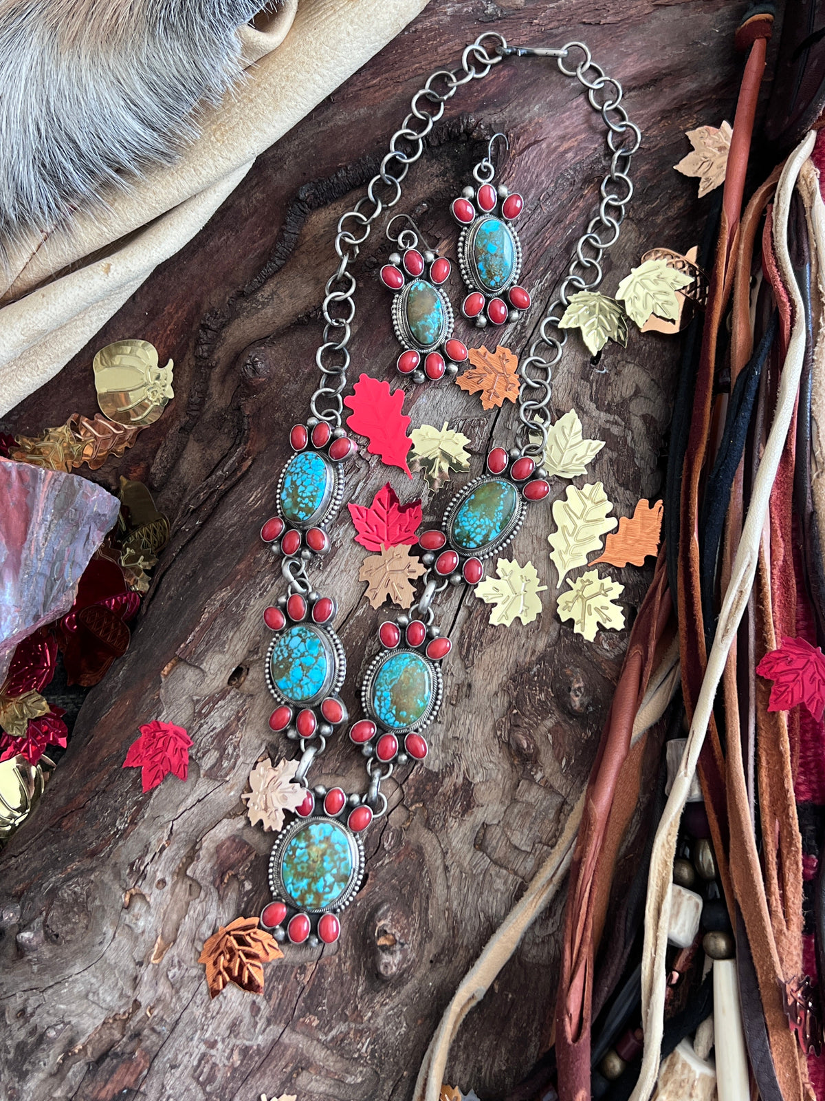 Taos Collection: Handcrafted Sterling Silver, Kingman Turquoise and Mediterranean Coral Necklace & Earrings Set by Kathleen Chavez