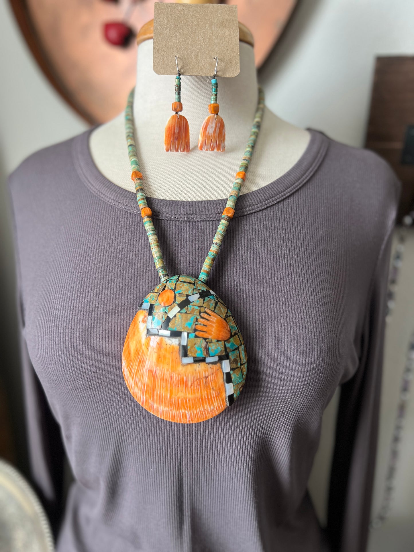 Warren Nieto Turquoise and Spiny Oyster Shell Healing Hand Necklace and Earrings Set