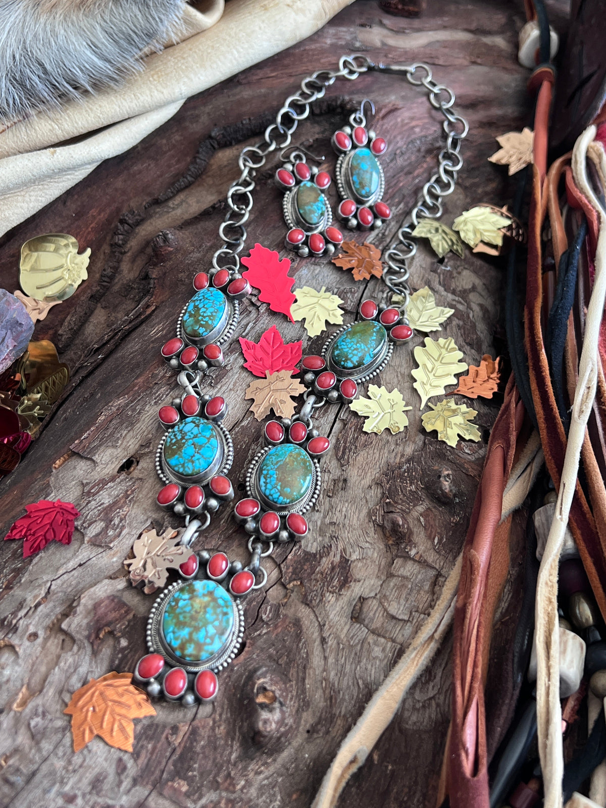 Taos Collection: Handcrafted Sterling Silver, Kingman Turquoise and Mediterranean Coral Necklace & Earrings Set by Kathleen Chavez