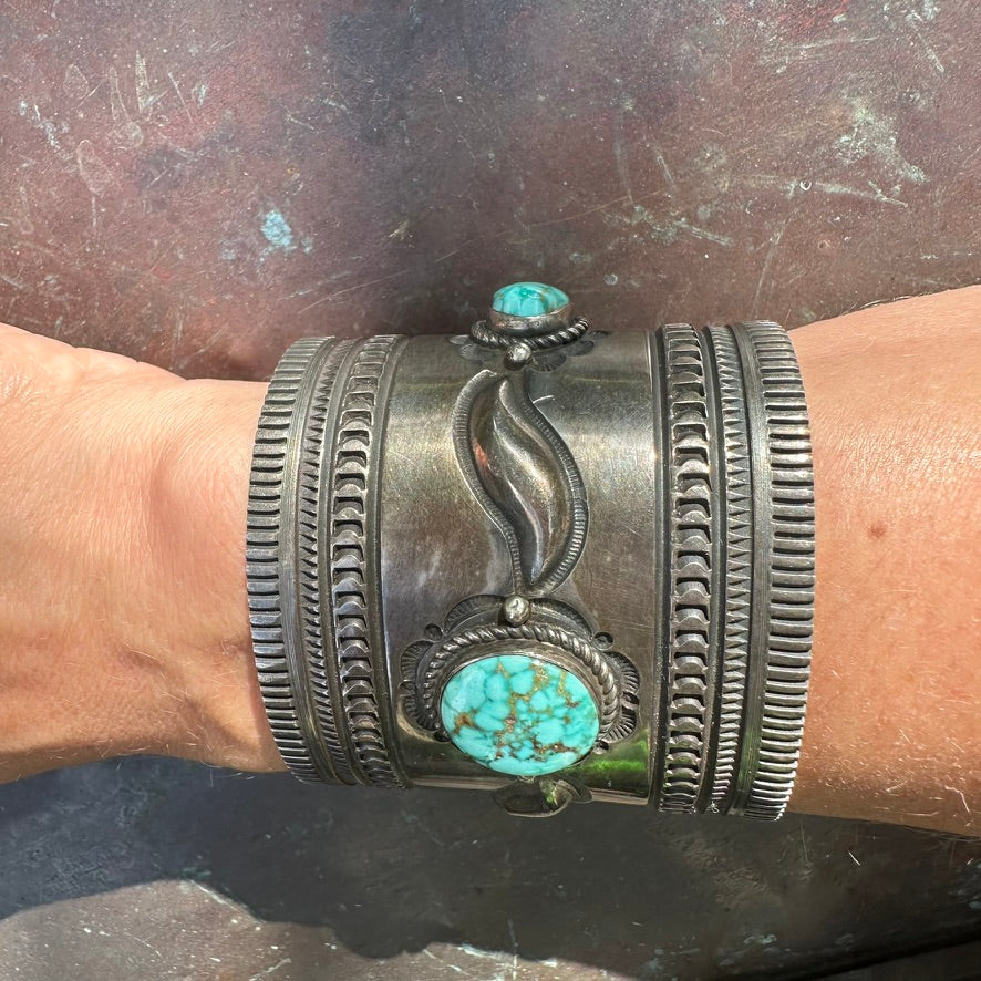 Navajo Made Sterling Silver Turquoise Wonder Woman Cuff Bracelet, Signed Albert Jake