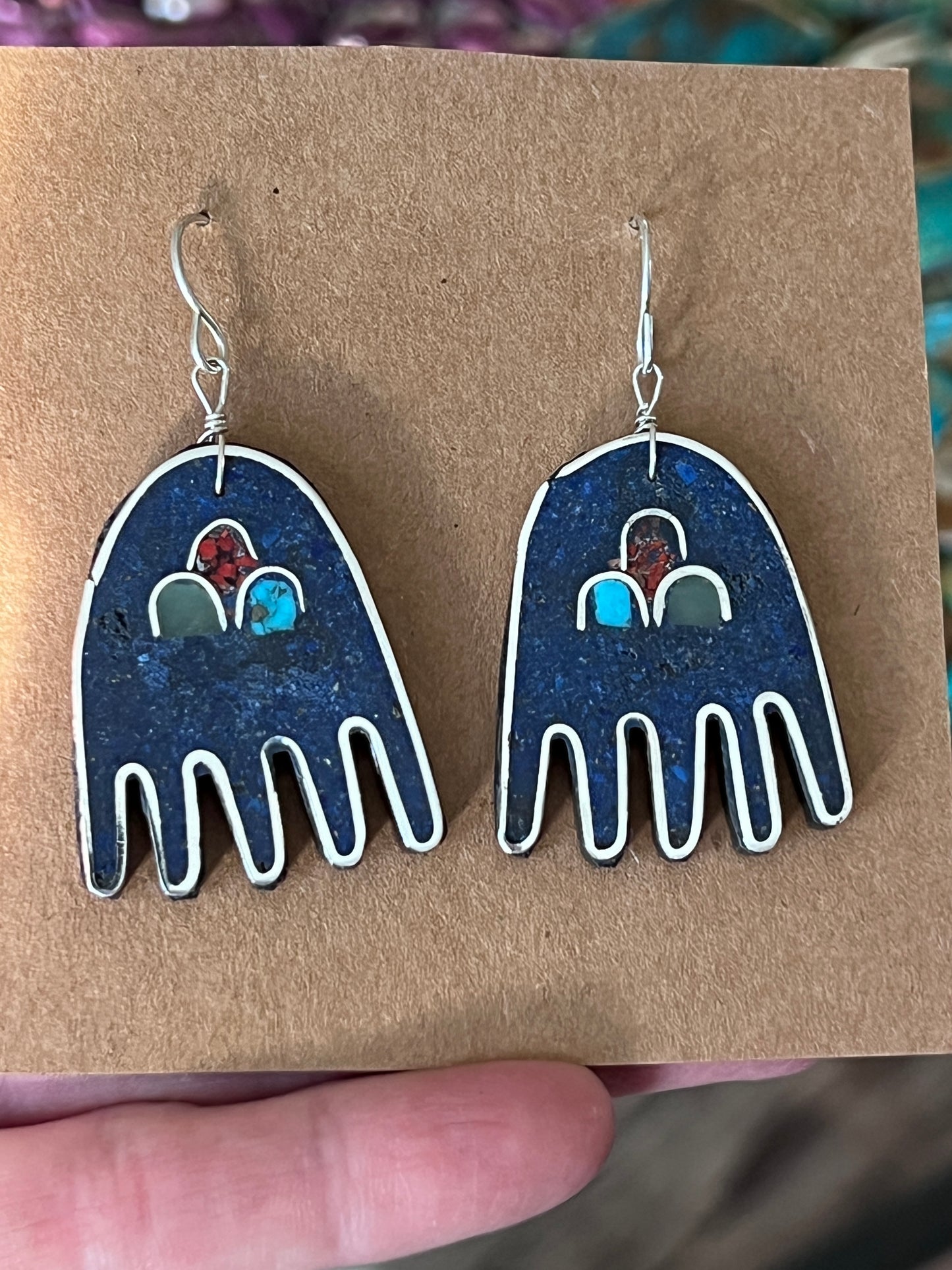 Warren Nieto Sterling Silver and Inlaid Stone Healing Hand and Monsoon Storm Cloud Necklace & Earrings Set