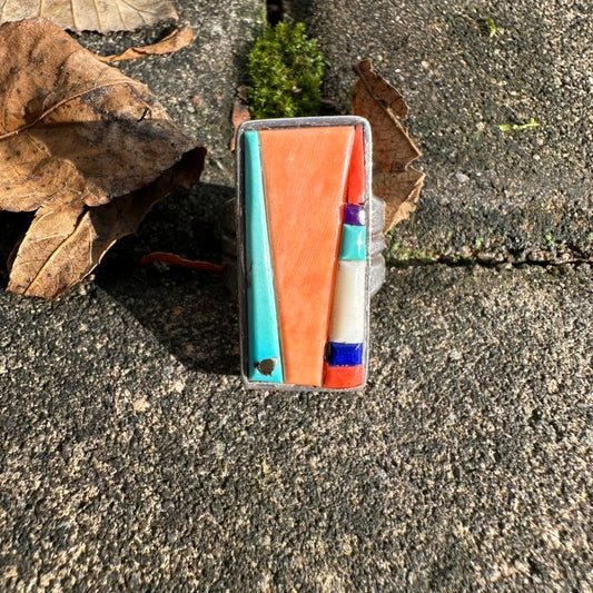 Vintage Native Made Sterling Silver Turquoise and Coral Inlay Ring, Signed