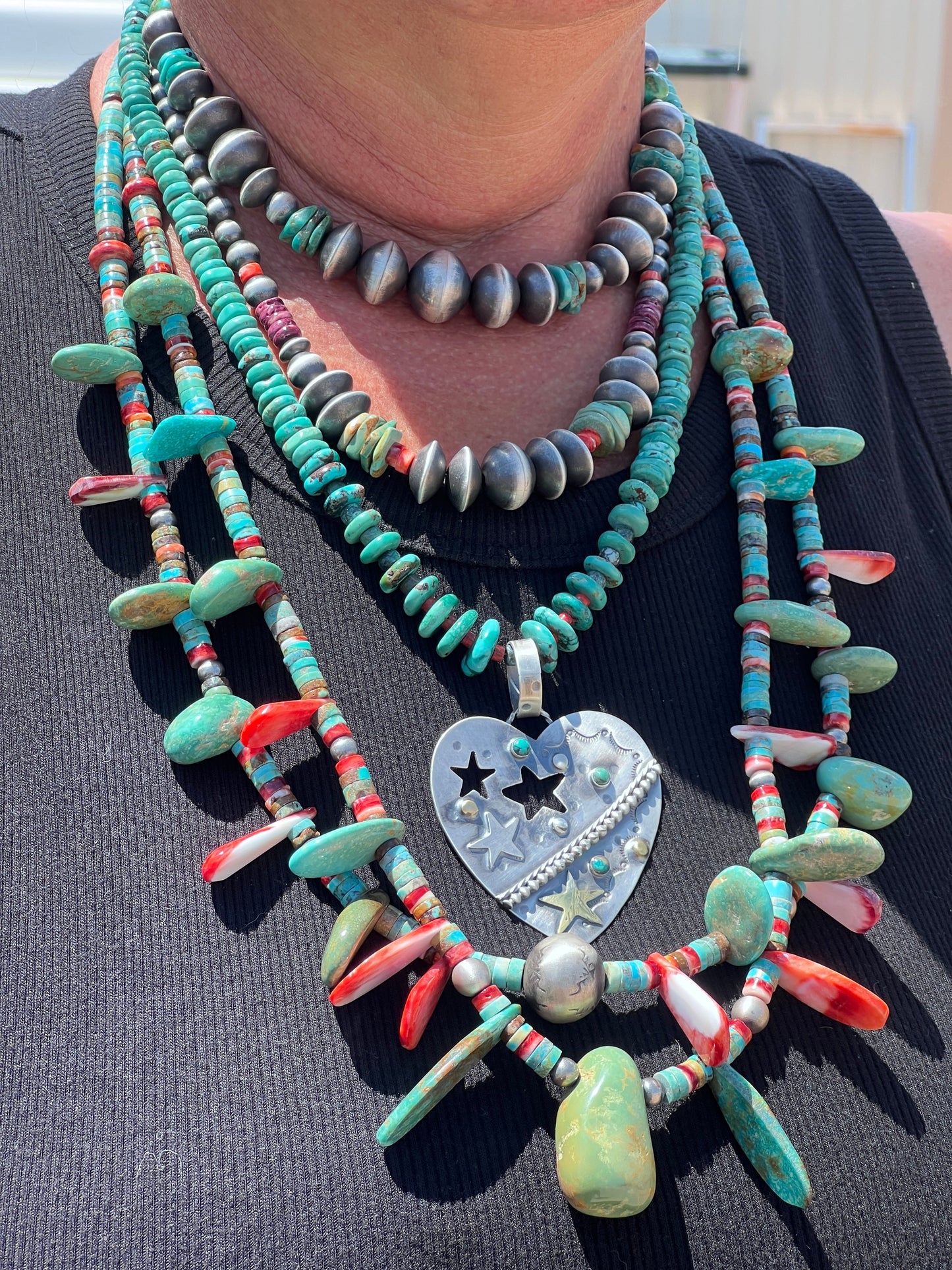 Hand Stamped Sterling Silver & Turquoise Heart Pendants w/ Brass Accents by Kimari Somers