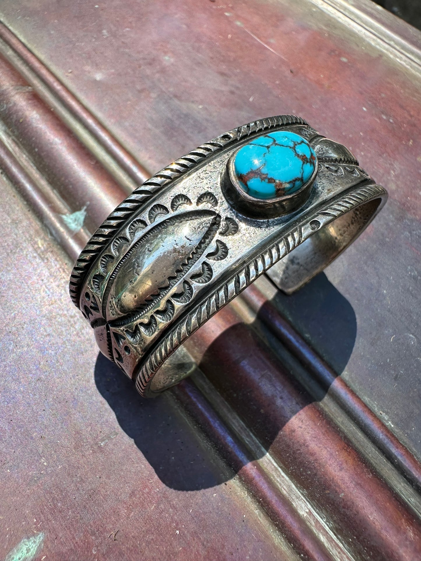 Hand Forged Sterling Silver and Turquoise Ingot Cuff Bracelet by Navajo Artist, Gabe Natan