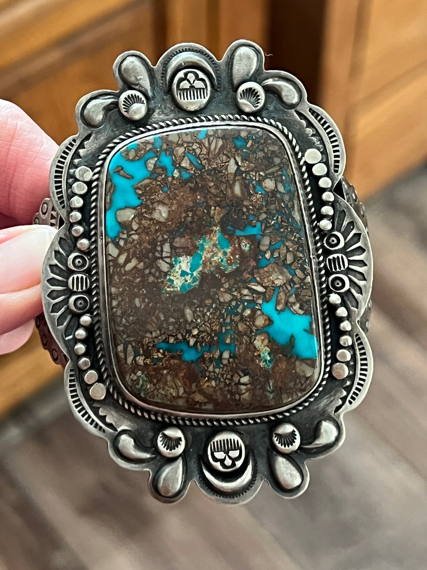 Chunky Dean Sandoval Sterling Silver and Pilot Mountain Turquoise Thunderbird Cuff Bracelet