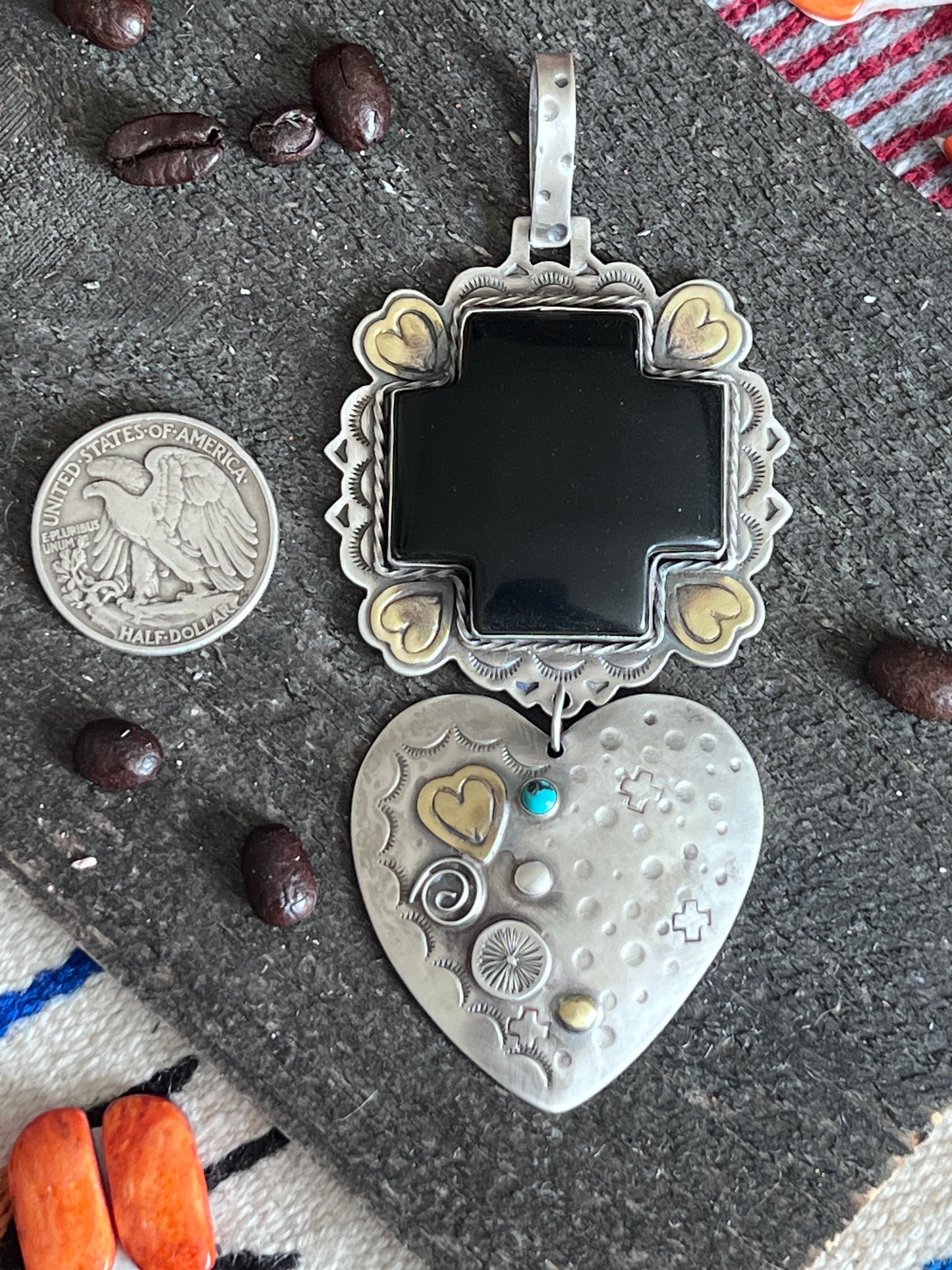 Hand Stamped Sterling Silver & Black Marble Santa Fe Cross and Heart Pendant by Kimari Somers