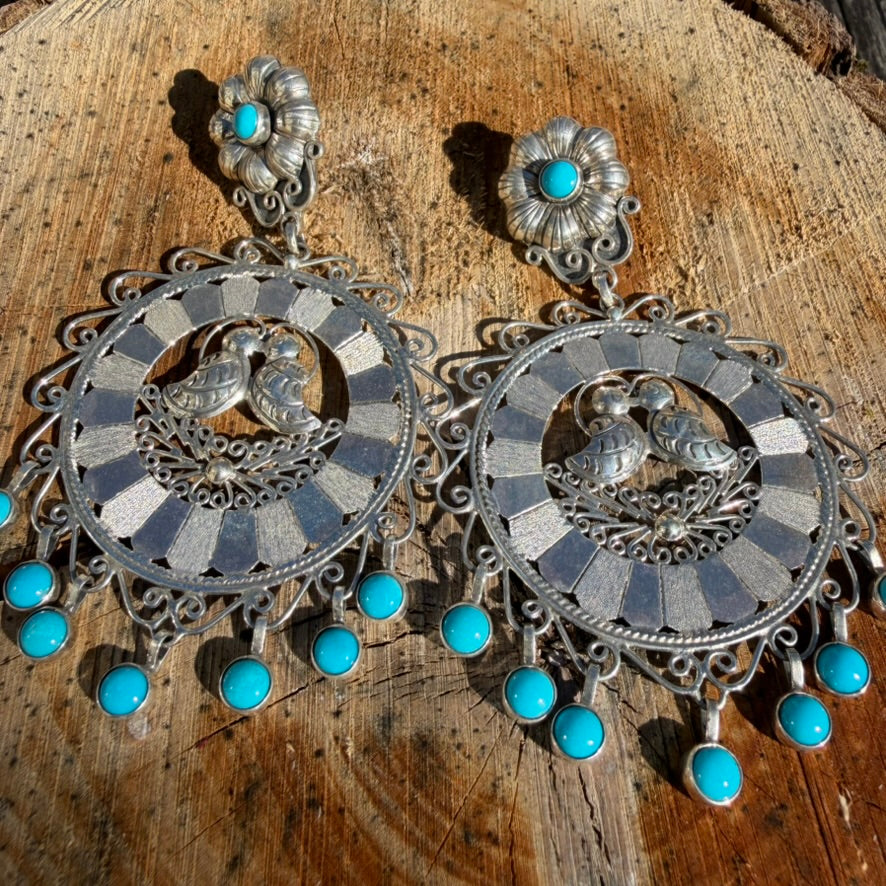 Sterling Silver Disc and Turquoise Filigree Lovebird Earrings by Federico Jimenez