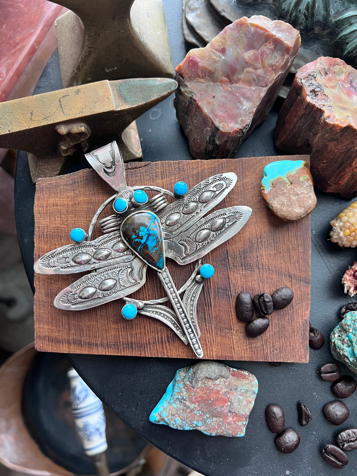 Handcrafted Sterling Silver, Azurite & Turquoise Dragonfly Pendant by Art Tafoya