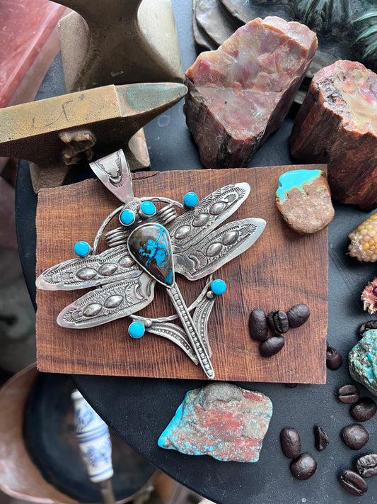Handcrafted Sterling Silver, Azurite & Turquoise Dragonfly Pendant by Art Tafoya