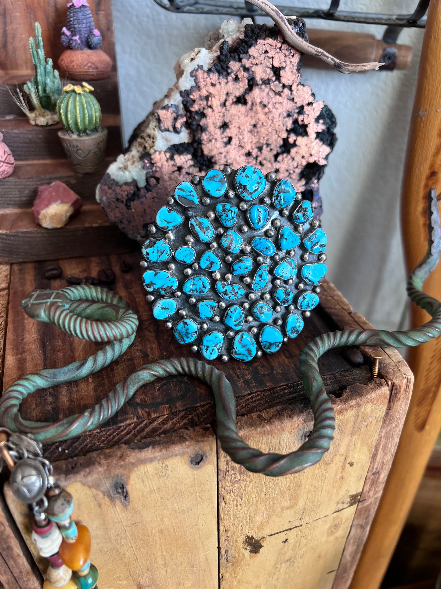 Vintage Sterling Silver and Kingman Nugget Turquoise Cluster Cuff Bracelet