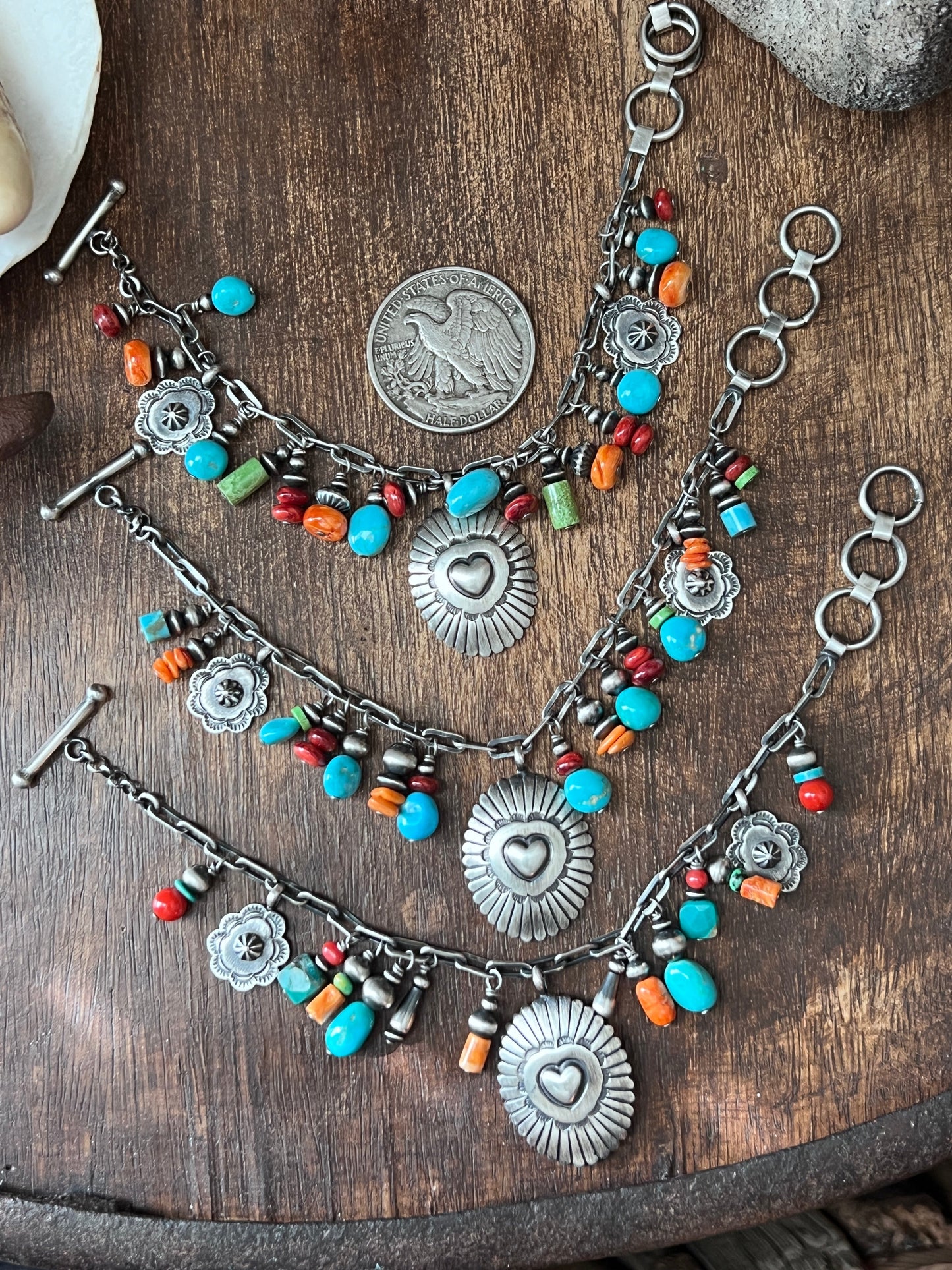 Raymond Coriz Handcrafted Electric Rainbow Sterling Silver Concho & Multistone Beaded Charm Bracelets