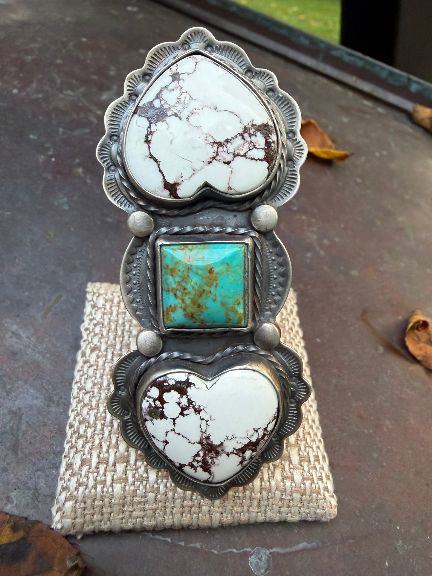 Rosella Paxson Triple Stone Sterling Silver Ring with Wild Horse Magnesite Hearts and Square Turquoise, Sz 9