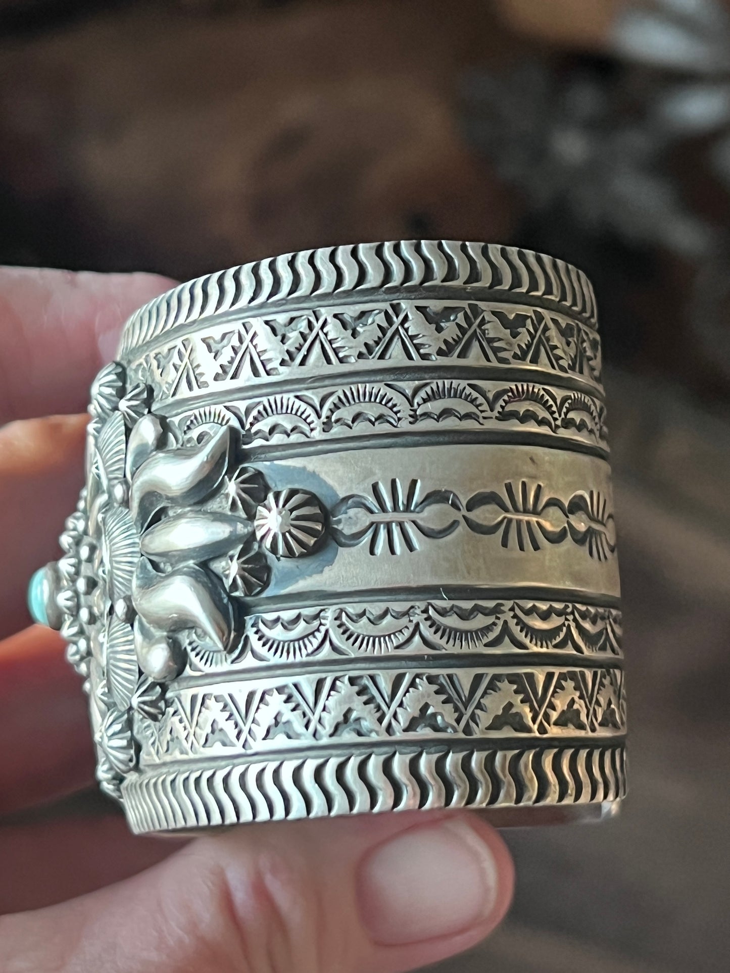 Darryl Becenti Sterling Silver Stamped & Appliqué Cuff Bracelet w/ Dry Creek Turquoise Accent