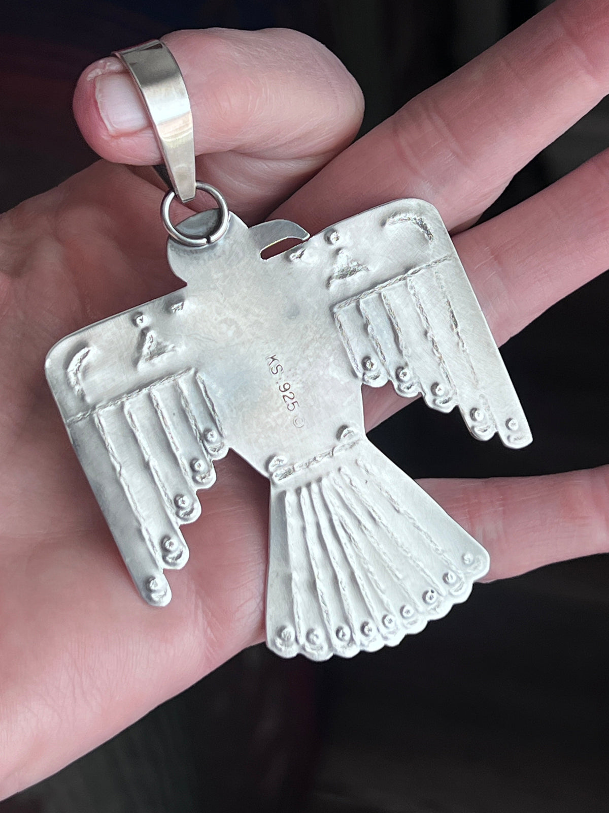 Kimari Somers Hand Stamped Sterling Silver & Kingman Turquoise Thunderbird Pendant 2