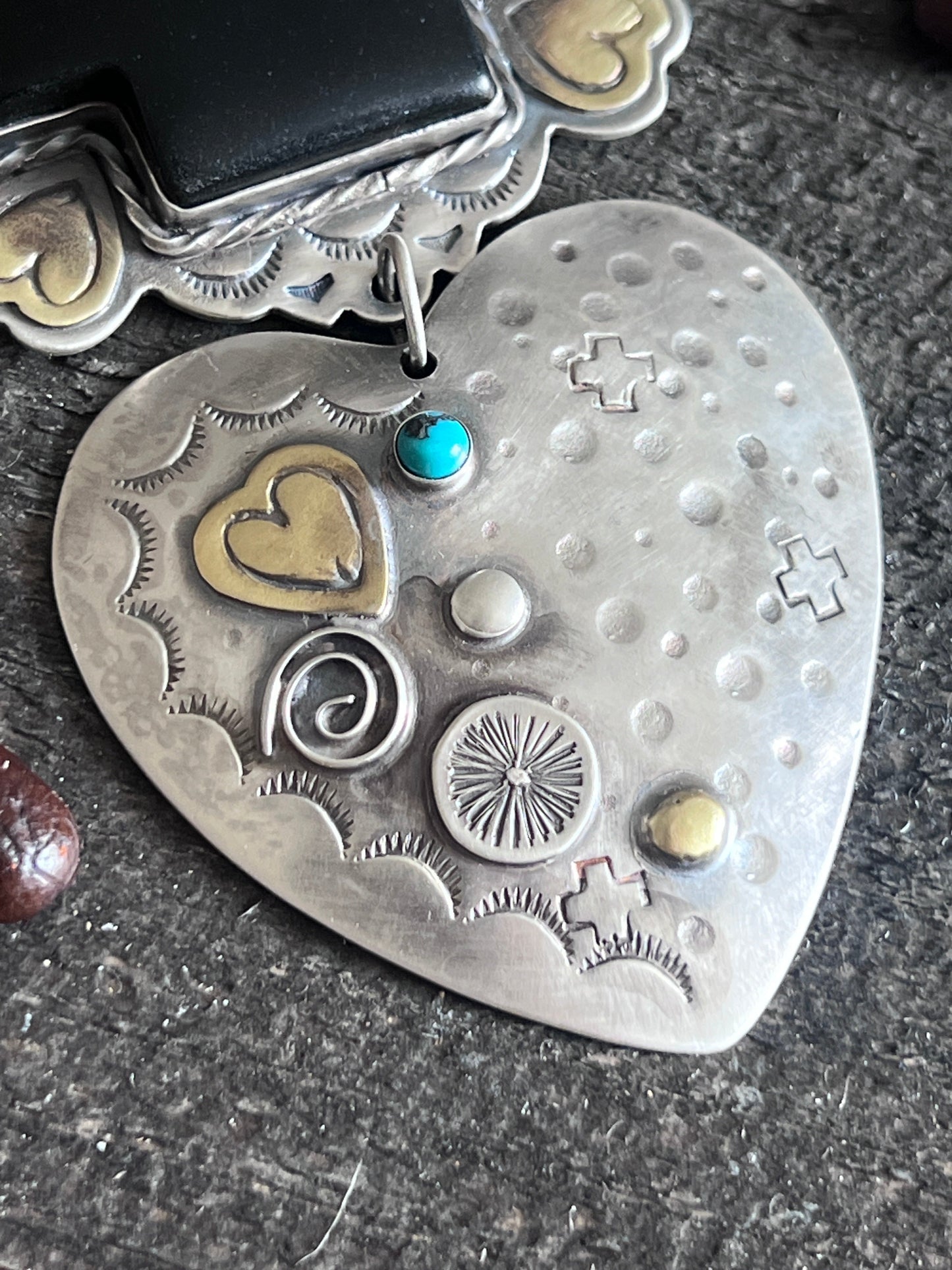 Hand Stamped Sterling Silver & Black Marble Santa Fe Cross and Heart Pendant by Kimari Somers