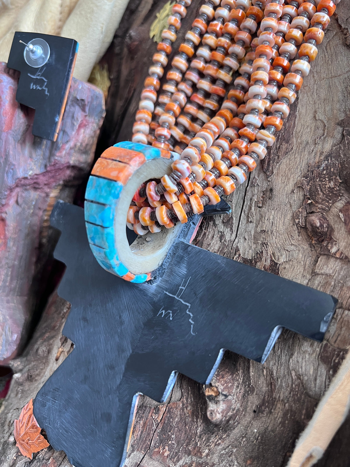 Warren Nieto Inlay Turquoise and Spiny Oyster Thunderbird  Necklace & Earrings Set
