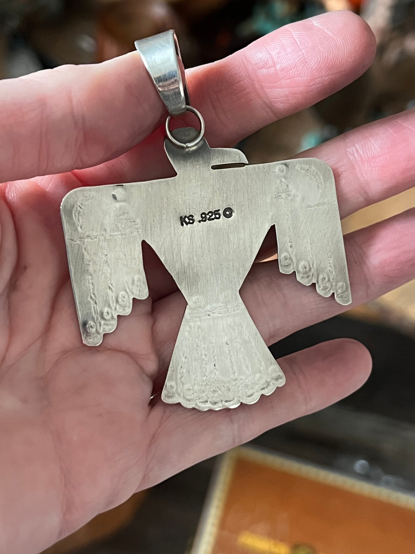 Hand Stamped Sterling Silver and Turquoise Thunderbird Pendant by Kimari Somers