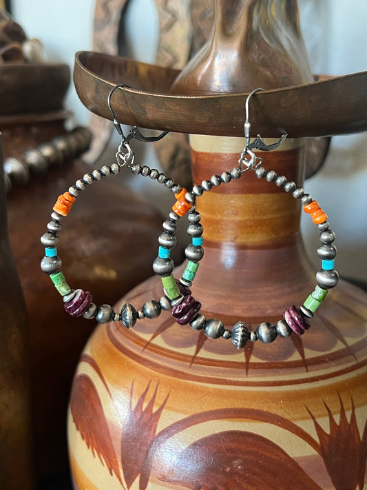 Navajo Made Electric Rainbow 2 Inch Sterling Silver, Turquoise & Spiny Oyster Beaded Hoop Earrings, Leverback