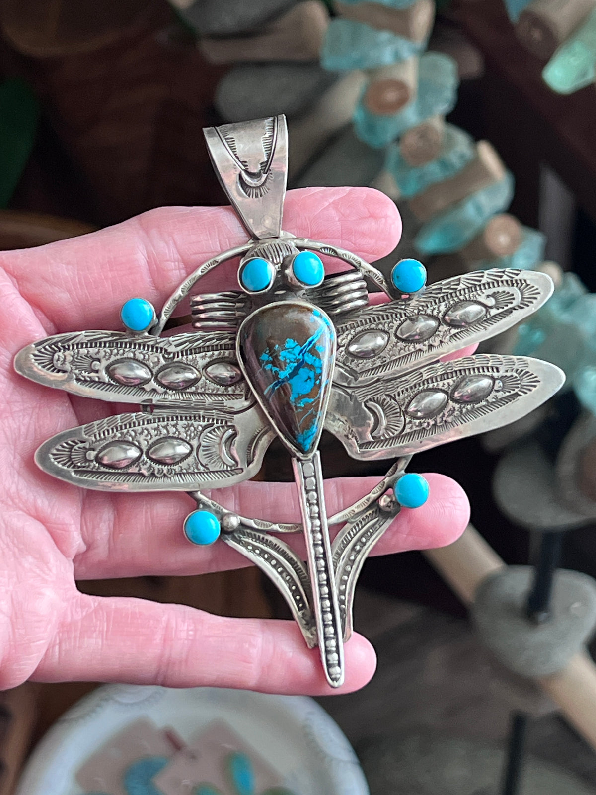 Handcrafted Sterling Silver, Azurite & Turquoise Dragonfly Pendant by Art Tafoya
