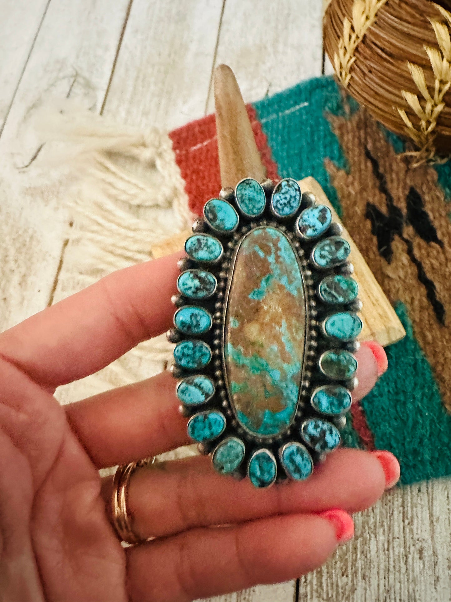 Navajo Turquoise & Sterling Silver Cluster Adjustable Ring by Blaine Yellowhorse